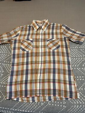 Plaid Short-Sleeve Button-Down Shirt in Cream, Navy & Brown